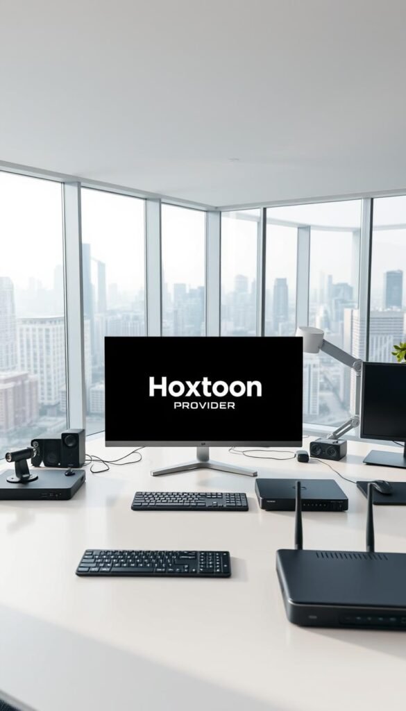 A sleek and modern office setting, with a large monitor displaying the Hoxtoon Provider logo prominently in the center. The monitor is situated on a clean, minimalist desk, surrounded by various high-tech devices and accessories, such as a keyboard, mouse, and a state-of-the-art router. The lighting is soft and diffused, creating a professional and sophisticated atmosphere. In the background, there are floor-to-ceiling windows overlooking a bustling city skyline, adding a sense of scale and urban energy. The overall impression is one of a leading IPTV service provider, offering reliable and cutting-edge technology to its customers.