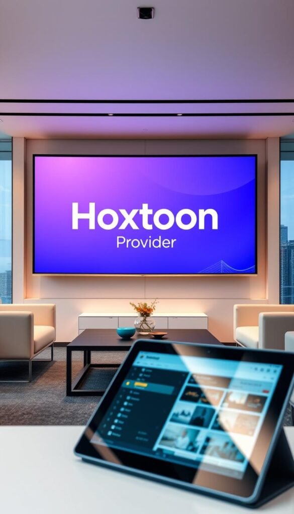 A sleek and modern office setting, with a large screen prominently displaying the Hoxtoon Provider logo in crisp, bold lettering. The screen is flanked by minimalist, high-quality office furniture, conveying a sense of professionalism and reliability. The lighting is soft and warm, creating a welcoming atmosphere. In the foreground, a tablet or laptop is open, showcasing the Hoxtoon Provider's user-friendly interface and intuitive navigation. The background features a cityscape, hinting at the company's national reach and prominence in the IPTV market. The overall scene exudes a sense of technological sophistication, trustworthiness, and market leadership.
