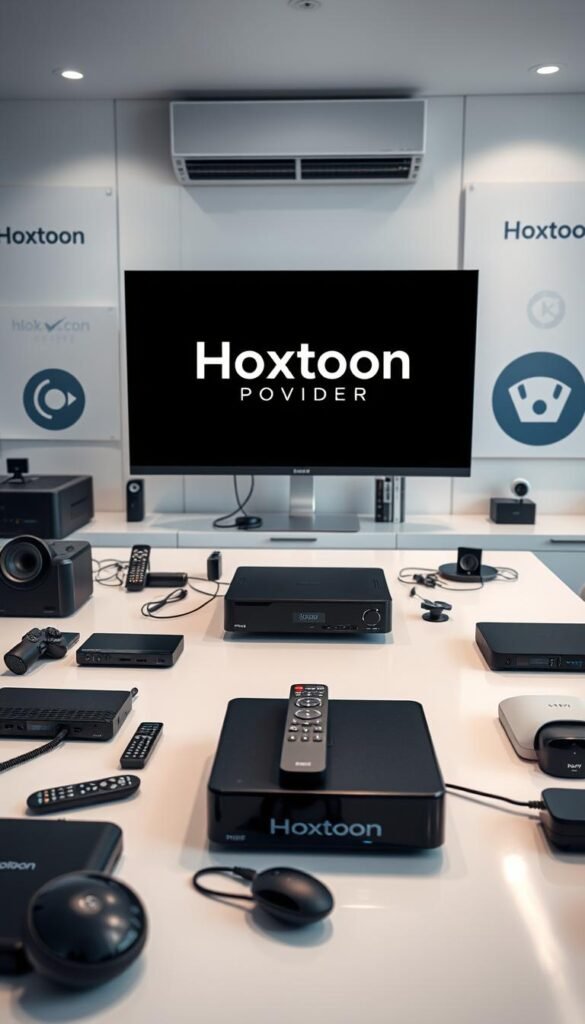 A sleek and modern office setting, with a prominent desk showcasing various devices and accessories associated with a top-tier IPTV provider. The Hoxtoon Provider brand name is prominently displayed on a high-quality monitor, surrounded by stylish tech accessories, remote controls, and networking equipment. Soft, indirect lighting creates a professional and trustworthy atmosphere, while the background features minimalist decor and subtle branding elements that reinforce the provider's reliable and high-quality services. The overall composition conveys a sense of expertise, reliability, and premium offerings in the IPTV industry.
