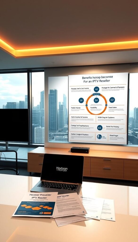 A sleek and modern office workspace with a large window overlooking a city skyline. In the foreground, a desk with a laptop and documents showcasing the "Hoxtoon Provider" IPTV reseller package. On the wall behind the desk, an infographic highlighting the key benefits of becoming an IPTV reseller, such as passive income, flexibility, and a wide range of channel options. Soft, directional lighting from the window casts a warm, professional glow across the scene. The overall mood is one of opportunity, success, and the potential for growth in the IPTV reseller business.