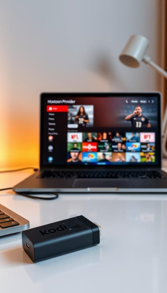 A sleek and modern setup of a Kodi-enabled Firestick displaying the Hoxtoon Provider IPTV service. The Firestick is placed on a clean, minimalist desk, with a laptop and a modern desk lamp providing soft, directional lighting. The Kodi interface on the Firestick's screen shows a menu of live TV channels and sports events, reflecting the IPTV service's diverse content. The scene conveys a sense of efficiency and seamless integration between the Firestick, Kodi, and the Hoxtoon Provider IPTV service, creating an appealing and user-friendly setup for the viewer.