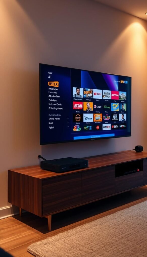 A sleek and modern setup of a home entertainment center, featuring a large widescreen TV and a Hoxtoon Provider IPTV set-top box on a minimalist wooden media console. The room is bathed in warm, ambient lighting, creating a cozy and inviting atmosphere. On the TV screen, a selection of popular American channels is displayed, showcasing the breadth of content available through the Hoxtoon IPTV service. The overall scene conveys the ease and convenience of setting up and enjoying a comprehensive IPTV experience in the comfort of one's own home.