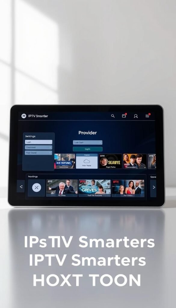 A sleek and modern setup of the IPTV Smarters app on a tablet device, displayed against a minimalist, light-colored background. The tablet screen shows the Hoxtoon Provider interface, with its clean and intuitive design. The setup process is depicted through various UI elements, such as login screens, settings menus, and channel listings, all rendered in high detail and crisp resolution. The scene is illuminated by soft, natural lighting, creating a calm and professional atmosphere, suitable for illustrating the "Setting Up IPTV Smarters with HOXTOON Service" section of the article.