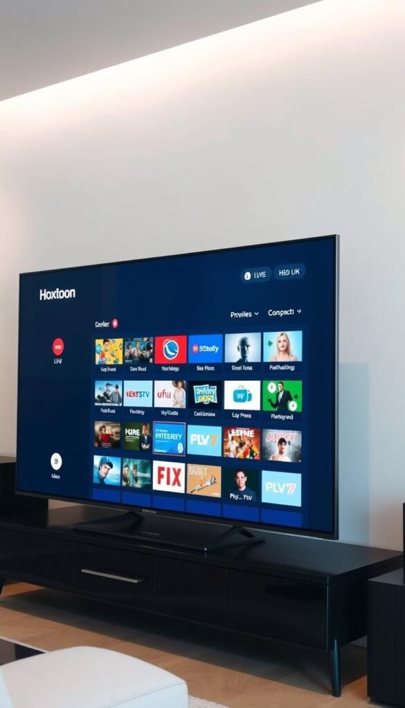 A sleek and modern smart TV screen displaying the Hoxtoon Provider IPTV interface. The TV is positioned prominently in a minimalist living room setting, with a clean white wall backdrop and subtle ambient lighting. The IPTV menu features a user-friendly layout, showcasing a variety of live TV channels and on-demand content. The scene conveys a sense of convenience and seamless integration of IPTV technology into the home entertainment setup.