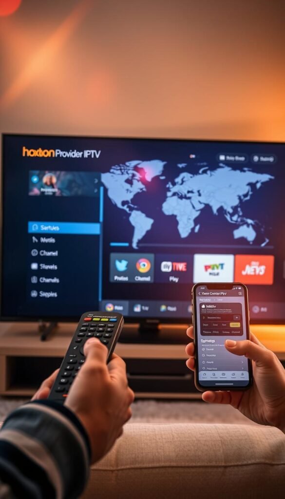 A sleek and modern smart TV screen displaying the intuitive Hoxtoon Provider IPTV interface. The foreground shows the setup process, with a remote control and mobile device guiding the user through connecting the IPTV service. The middle ground features detailed menu options, channel listings, and user account information. In the background, a stylized world map suggests the global reach and diverse content of the Hoxtoon IPTV service. Warm, soft lighting creates a welcoming atmosphere, while subtle lens flares and depth of field blur enhance the premium, high-tech aesthetic.