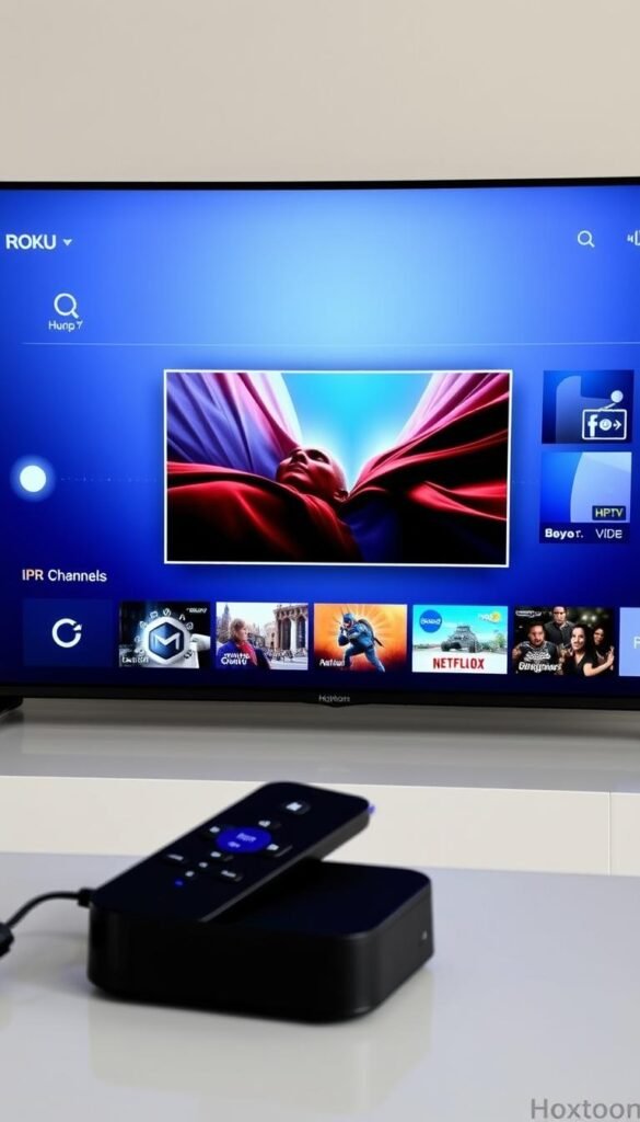 A sleek and modern user interface for the Hoxtoon Provider app on a Roku streaming device. The screen displays a clean grid layout showcasing various IPTV channels and categories, with intuitive icons and a minimalist color scheme of blues and grays. In the center, a large preview window showcases the currently selected channel, with crisp 4K video and dynamic HDR lighting. The top navigation bar features clearly labeled menu options, allowing for seamless browsing and selection. The overall interface exudes a professional and polished aesthetic, designed to enhance the IPTV viewing experience on the big screen.