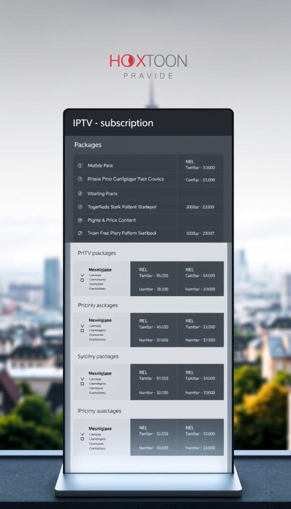 A sleek and modern user interface showcasing the Hoxtoon Provider's IPTV France subscription options. In the foreground, a stylized display panel presents a range of packages and pricing tiers, each with clear and concise details. The middle ground features a clean and minimalist design, with elegant typography and subtle iconography. In the background, a soft, blurred cityscape of Paris sets the scene, evoking the essence of French entertainment. The overall composition conveys a sense of professionalism, accessibility, and the seamless integration of technology and content for the discerning IPTV user.
