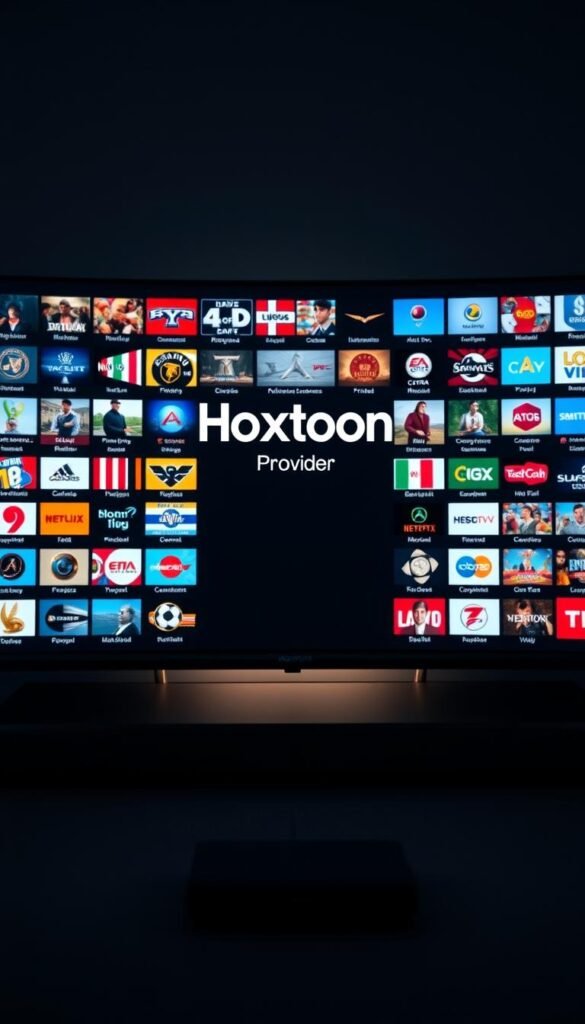 A sleek and modern user interface showcasing the impressive channel selection of the Hoxtoon IPTV service. The screen is filled with a grid of channel thumbnails, each one crisp and vibrant, enticing the viewer to explore the vast library of live TV channels. The Hoxtoon Provider logo is prominently displayed, conveying the high-quality and reliable nature of the service. The layout is clean and intuitive, with a dark, minimalist color scheme that creates a premium, cinematic atmosphere. Subtle lighting and depth-of-field effects add a sense of depth and professionalism to the scene, drawing the eye towards the channel thumbnails. The overall impression is one of a comprehensive and user-friendly IPTV platform, ready to deliver an exceptional live TV experience.