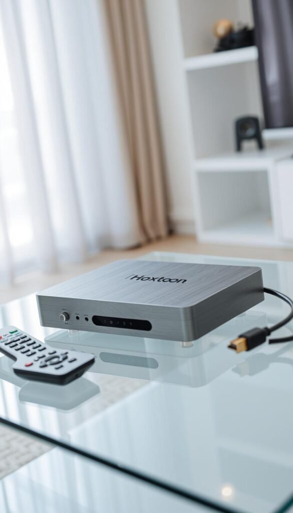 A sleek and sophisticated IPTV box rests on a glass tabletop, its brushed aluminum exterior gleaming under the soft, diffused lighting of a modern living room. The Hoxtoon Provider logo is prominently displayed, signaling the advanced features and premium quality of this Arabic IPTV service. The box is flanked by a minimalist remote control and a neatly coiled HDMI cable, ready to seamlessly integrate with the user's home entertainment system. The scene conveys a sense of elegance and technological prowess, perfectly aligning with the section's focus on the sophisticated capabilities of the Hoxtoon Arabic IPTV solution.