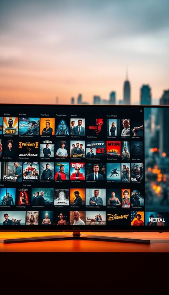 A sleek and visually striking collection of video-on-demand (VOD) content from the Hoxtoon Provider brand. A modern, minimalist interface showcases a vast library of movies, TV shows, and documentaries in a stylish, high-resolution display. The foreground features a grid of vibrant, cinematic thumbnails, while the background depicts a softly blurred cityscape, conveying a sense of urban sophistication. Warm, directional lighting illuminates the scene, creating depth and emphasizing the crisp, high-quality imagery. The overall atmosphere is one of premium entertainment, making this Hoxtoon VOD collection an alluring, must-have option for discerning viewers.