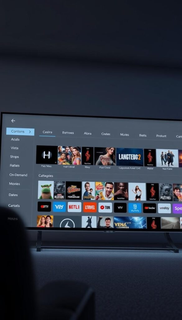 A sleek and visually striking interface showcasing the expansive Hoxtoon IPTV Content Library. The screen is dominated by a clean, modern design with a sophisticated color palette of muted greys, blues, and whites. Elegant icons and clean typography guide the user through the vast selection of live TV channels, on-demand movies, and curated content categories. The layout is intuitive and responsive, with a sense of depth and layering that creates a sense of depth and immersion. Subtle lighting effects and a cinematic camera angle heighten the premium feel, highlighting the Hoxtoon Provider brand as a premium IPTV service with unparalleled content.