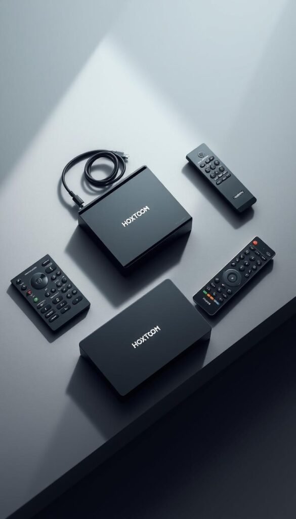 A sleek arrangement of modern IPTV devices, including the Hoxtoon Provider set-top box, remote controls, and networking equipment, resting on a minimalist, gray surface. Soft, directional lighting from the top creates dimensional shadows, highlighting the clean lines and polished finishes of the hardware. The devices are depicted in a realistic, detailed manner, showcasing their key features and capabilities. The overall scene conveys a sense of technological sophistication and the seamless integration of IPTV solutions into a contemporary home entertainment setup.