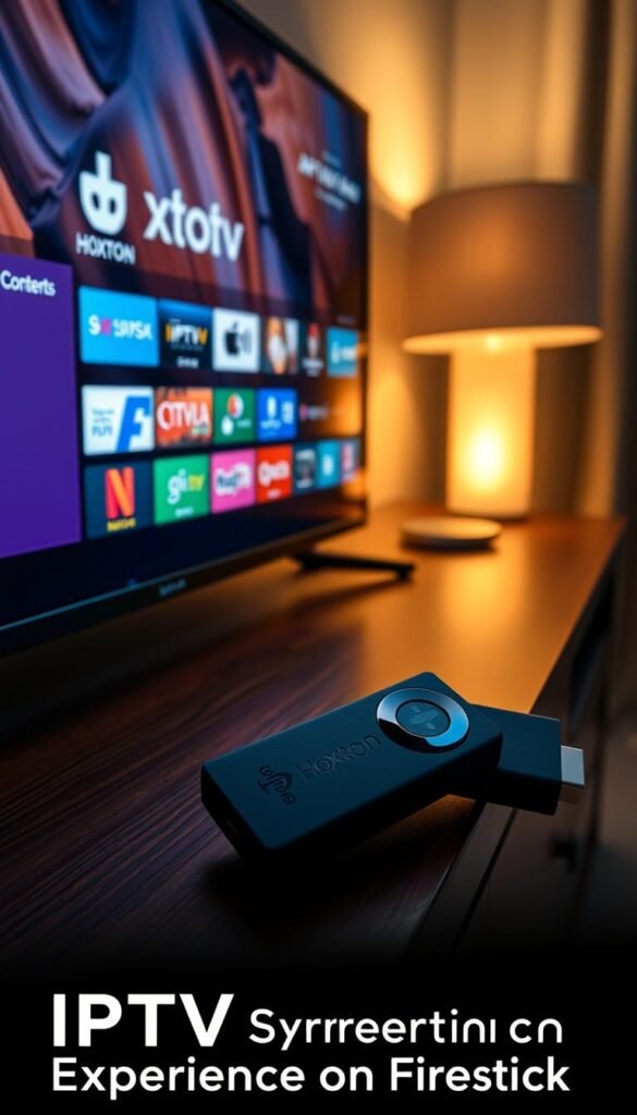 A sleek black Firestick device rests on a modern wooden TV stand, casting a warm glow as it displays a vibrant, high-definition IPTV interface. The Hoxtoon Provider logo is prominently featured, signaling a seamless, premium streaming experience. Soft ambient lighting from a nearby lamp creates a cozy, inviting atmosphere, while strategic camera angles highlight the Firestick's intuitive navigation and content-rich menus. The scene exudes a sense of technological sophistication and effortless entertainment, perfectly capturing the "Optimizing Your IPTV Streaming Experience on Firestick" theme.