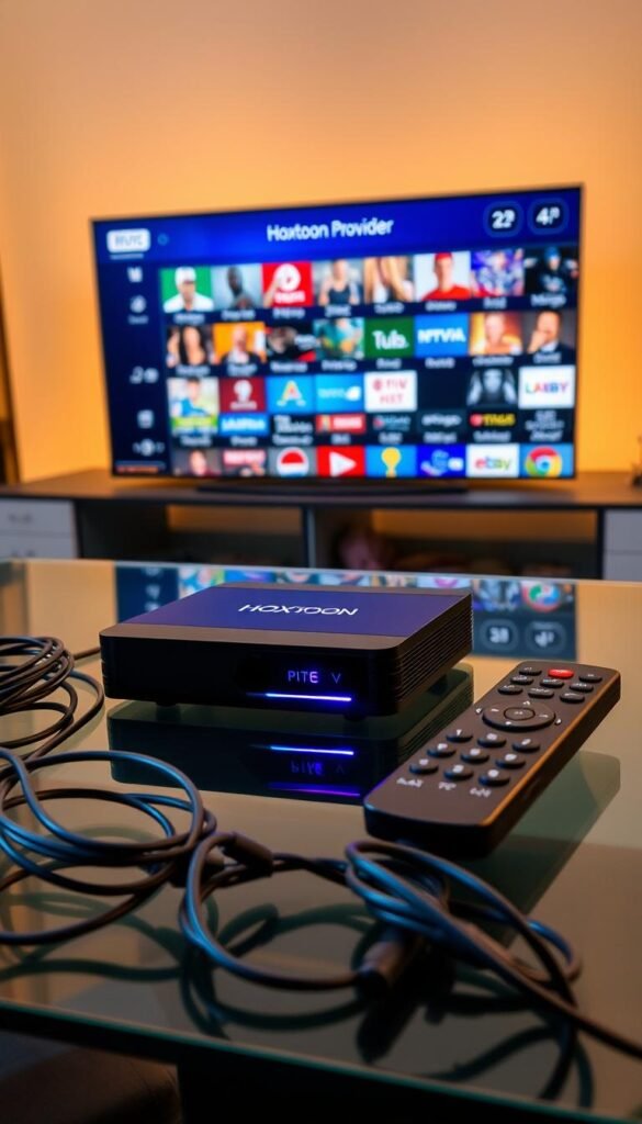 A sleek, black IPTV box rests on a modern glass table, its LED indicator softly glowing. On the screen, a diverse array of international channels and streaming services from the Hoxtoon Provider are displayed, showcasing sports, news, and entertainment content from around the world. The box is flanked by a stylish remote control and a tangle of cables neatly organized, creating a visually appealing and high-tech setup. Soft, warm lighting illuminates the scene, casting a premium, sophisticated atmosphere. The overall composition emphasizes the versatility, accessibility, and global reach of the Hoxtoon Provider IPTV box.