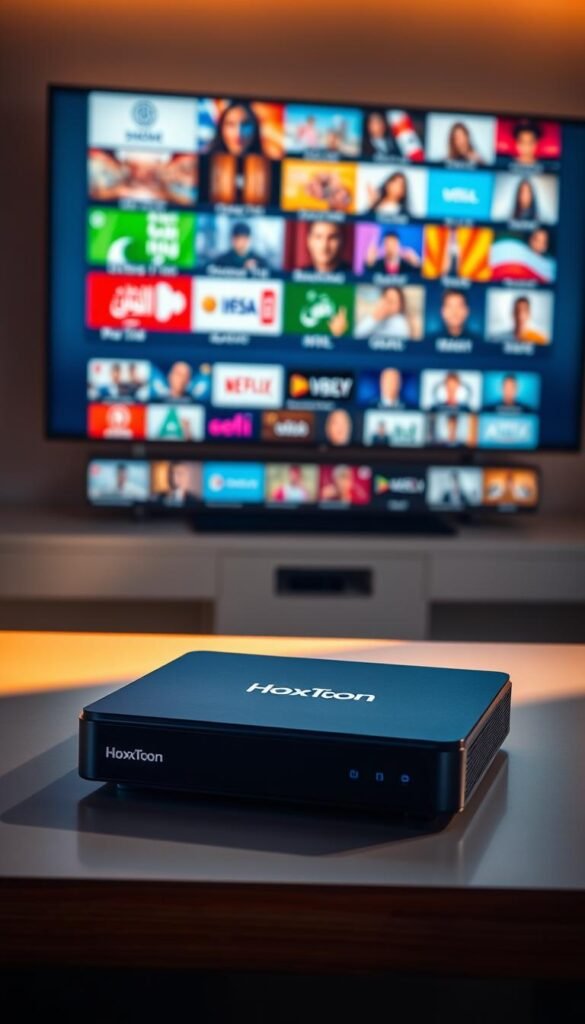 A sleek, black IPTV box rests on a modern, minimalist desk, bathed in warm, directional lighting that casts subtle shadows. The box features the "Hoxtoon Provider" branding, conveying a premium, high-quality product. In the background, a large, high-definition display showcases a vibrant, colorful array of Arabic TV channels, immersing the viewer in the rich cultural experience. The scene evokes a sense of streamlined, effortless access to a wide range of international entertainment, catering to the discerning tastes of the modern Arabic TV enthusiast.