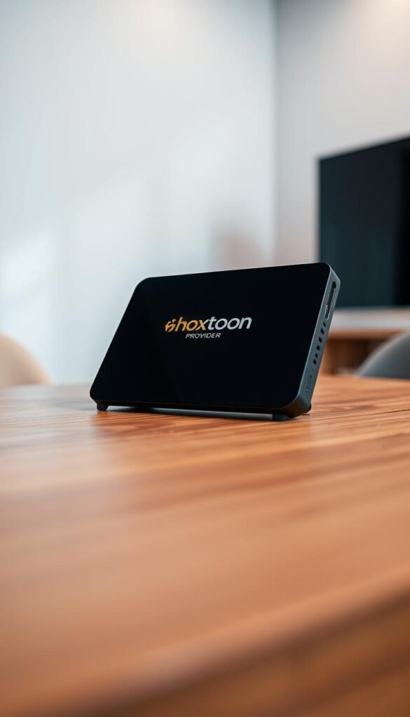 A sleek black IPTV box with the Hoxtoon Provider logo prominently displayed on the front panel. The box is placed on a wooden table, with a modern minimalist background. Soft, directional lighting highlights the textured surfaces and gives the scene a warm, inviting atmosphere. The box is angled slightly, showcasing its clean lines and premium build quality. The scene conveys a sense of reliability, quality, and the abundance of entertainment options available through the Hoxtoon Provider's extensive channel library.