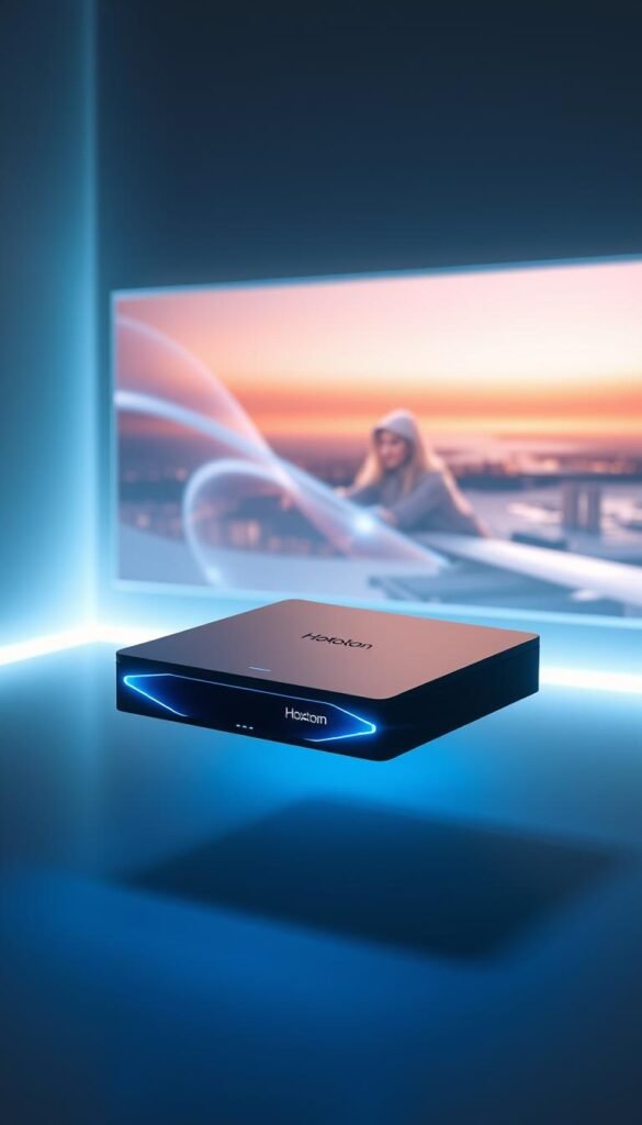 A sleek, futuristic IPTV box floats in a minimalist, dimly-lit environment. The device's clean, angular design and glowing blue accents suggest advanced technology. In the background, a holographic display projects a seamless, high-definition video stream, hinting at the box's powerful capabilities. Soft, ambient lighting creates an atmosphere of innovation and sophistication. The Hoxtoon Provider logo is subtly integrated into the design, underscoring the box's premium quality and forward-thinking features. An aura of anticipation and excitement surrounds this glimpse into the future of IPTV technology.