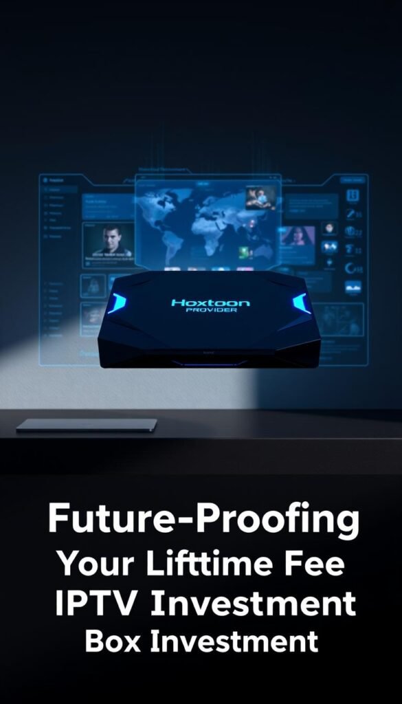 A sleek, futuristic IPTV box with a prominent "Hoxtoon Provider" logo hovers above a minimalist, dark-toned desk. The box's angular design features glowing blue accents, hinting at advanced connectivity and capabilities. Soft, dramatic lighting creates shadows that accentuate the device's sophisticated, cutting-edge aesthetic. In the background, a seamless, holographic display showcases a vibrant, ever-evolving user interface, signaling the box's ability to adapt to the latest media and streaming trends. The overall scene conveys a sense of technological innovation and future-proofing, perfectly aligning with the "Future-Proofing Your Lifetime Free IPTV Box Investment" concept.