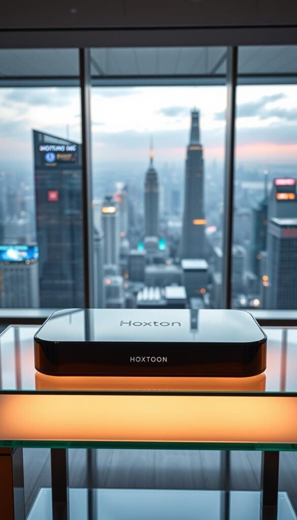 A sleek, futuristic IPTV device called the "Hoxtoon Provider" sits prominently on a minimalist glass and metal display shelf. The device has a clean, rectangular design with smooth, rounded edges and a glossy black finish. Soft, ambient lighting illuminates the device, casting a warm glow and creating a sense of sophistication. In the background, a panoramic view of a bustling, technologically-advanced cityscape with towering skyscrapers and holograms is visible through large, floor-to-ceiling windows. The overall scene conveys a vision of the cutting-edge, legal IPTV services that will be available to consumers in the year 2026.