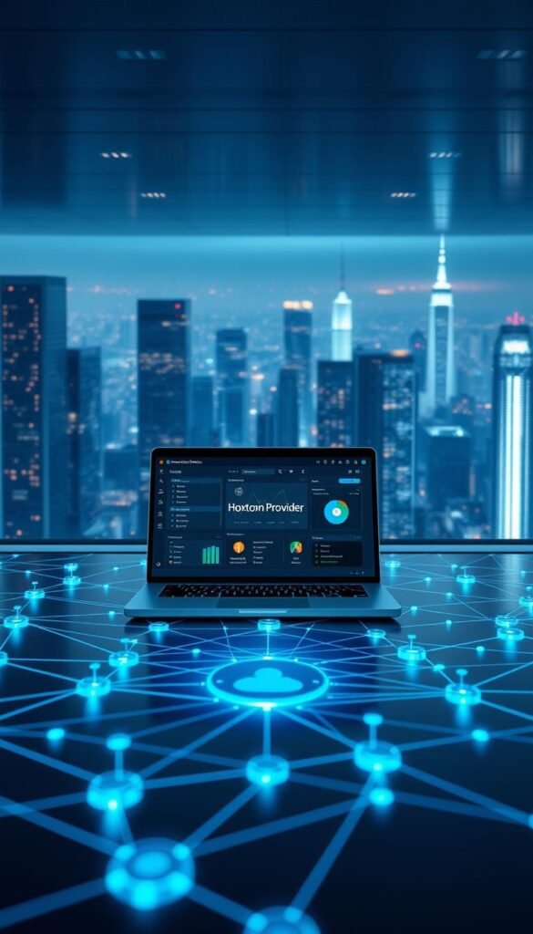A sleek, futuristic IPTV network with Hoxtoon Provider at its core. In the foreground, a network diagram showcases interconnected nodes, routers, and servers, all bathed in a cool blue glow. The middle ground features a laptop displaying the Hoxtoon Provider interface, its intuitive dashboard optimizing bandwidth, minimizing latency, and ensuring a seamless streaming experience. In the background, a cityscape of towering skyscrapers and glowing data centers, conveying the vast scale and technological prowess of the IPTV infrastructure. The scene is illuminated by a diffused, soft lighting, creating a sense of balance and efficiency. The overall impression is one of a sophisticated, cutting-edge IPTV network, expertly managed by the Hoxtoon Provider platform.