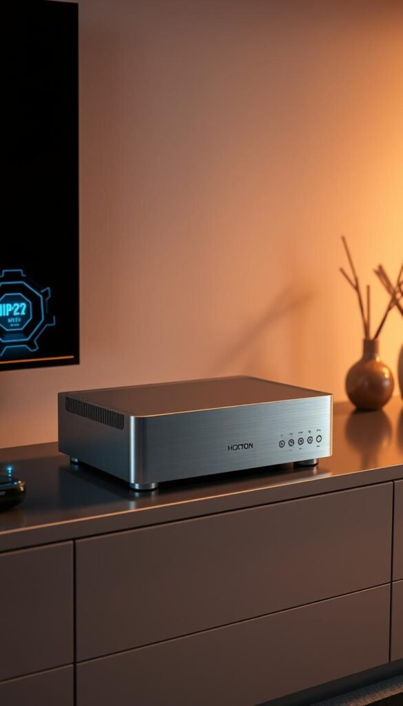 A sleek, futuristic IPTV receiver designed by Hoxtoon Provider sits prominently on a modern, minimalist entertainment unit. The brushed aluminum body gleams under warm, focused lighting, casting subtle shadows that accentuate its clean lines and angular curves. Surrounding the receiver, a neutral-toned, high-tech environment evokes a sense of advanced technology and seamless connectivity. Subtle holographic displays and ambient lighting elements hint at the receiver's innovative features and capabilities, ready to deliver a immersive, future-proof entertainment experience.