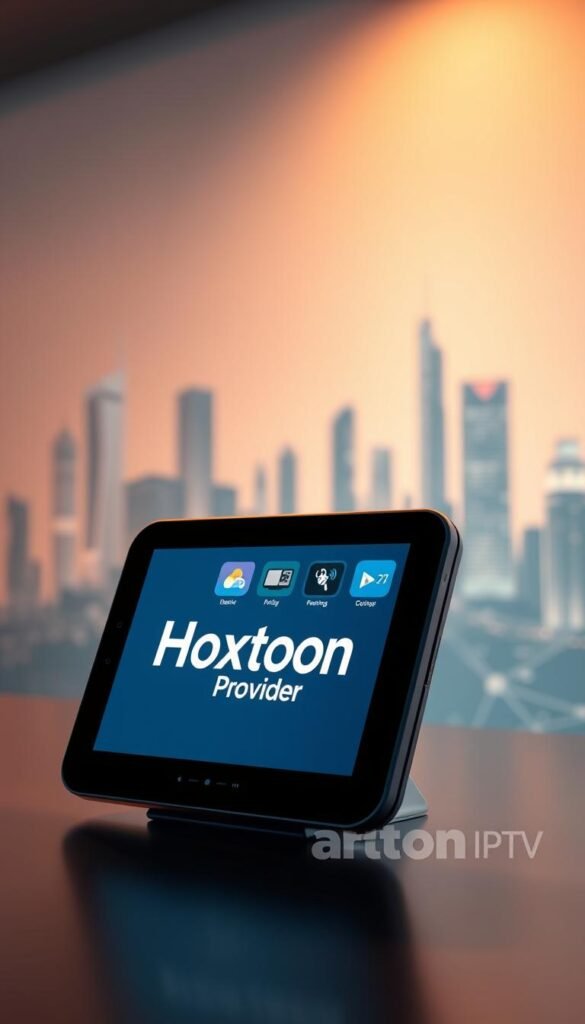 A sleek, futuristic android device with a large, high-resolution display prominently showcasing the "Hoxtoon Provider" brand name. The device is positioned in the foreground, casting a soft, ambient glow. In the middle ground, a minimalist user interface displays a selection of IPTV channels and streaming options. The background features a stylized, neon-lit cityscape, hinting at the device's advanced connectivity and integration with the modern digital landscape. The scene is illuminated by a warm, directional light source, creating depth and emphasizing the android's premium design. The overall atmosphere conveys a sense of cutting-edge technology, seamless user experience, and the dominance of android platforms in the evolving IPTV streaming market.