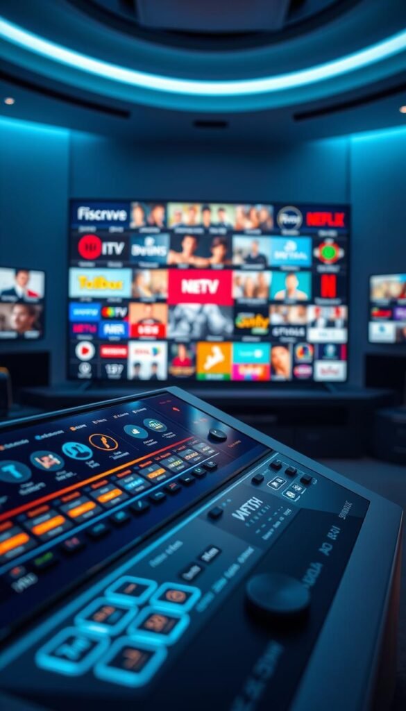 A sleek, futuristic control panel displaying a vibrant array of IPTV channel logos, icons, and visual indicators. In the foreground, a high-tech user interface with intuitive touch controls, allowing seamless navigation through the Hoxtoon Provider's extensive streaming options. The middle ground features a large, ultra-high-definition display showcasing a diverse selection of live content, while the background is bathed in a soft, ambient glow conveying a sense of technological sophistication. The overall scene evokes a modern, immersive IPTV experience, hinting at the power and versatility of this emerging media delivery platform.