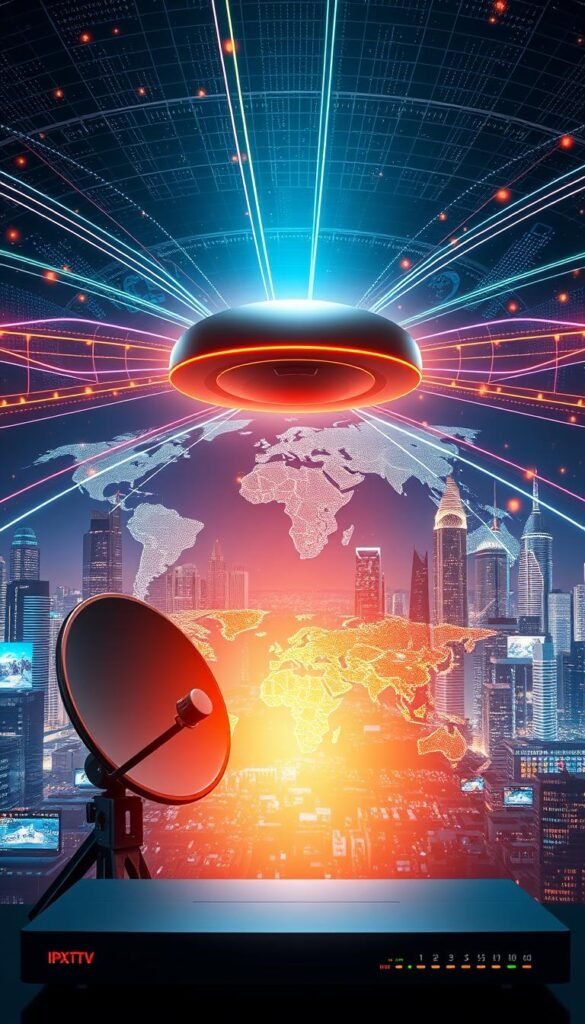 A sleek, futuristic global network of IPTV technology, with a central Hoxtoon Provider hub transmitting high-definition video streams across the world. In the foreground, a satellite dish and a router symbolize the delivery and reception of content. The middle ground showcases a stylized world map, pulsing with vibrant data streams connecting continents. In the background, a cityscape of towering skyscrapers and glowing screens represents the worldwide reach and accessibility of this cutting-edge IPTV system. The scene is illuminated by a warm, futuristic glow, evoking a sense of seamless, borderless entertainment for a global audience.