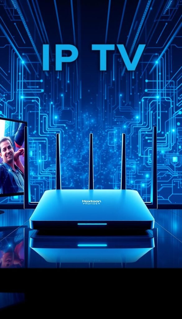 A sleek, futuristic illustration of IPTV technology. In the foreground, a high-resolution display showcases a crisp, vibrant image, representing the visual quality of IPTV. In the middle ground, a modern, minimalist router emblazoned with the "Hoxtoon Provider" logo symbolizes the internet connectivity powering IPTV. The background features a network of digital signals and data streams, conveying the underlying technology that enables IPTV. The scene is illuminated by a cool, blue-tinted lighting, creating a sense of technological sophistication. The overall composition emphasizes the seamless integration of hardware, software, and network infrastructure that defines IPTV.
