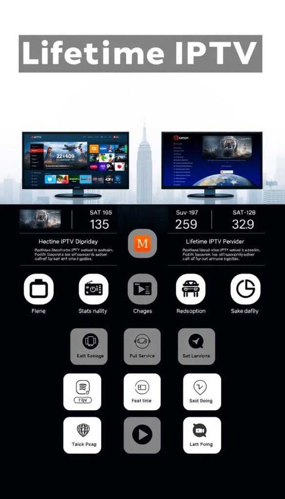 A sleek, futuristic interface showcasing a side-by-side comparison of various lifetime IPTV service providers, including the Hoxtoon Provider. The foreground features high-definition screenshots of the providers' user experiences, with detailed stats and features highlighted. The middle ground presents stylized icons and logos, while the background depicts a minimalist cityscape, hinting at the global reach and accessibility of these services. Crisp lighting and a muted color palette create a professional, informative atmosphere, guiding the viewer through the alternative lifetime IPTV options worth considering.