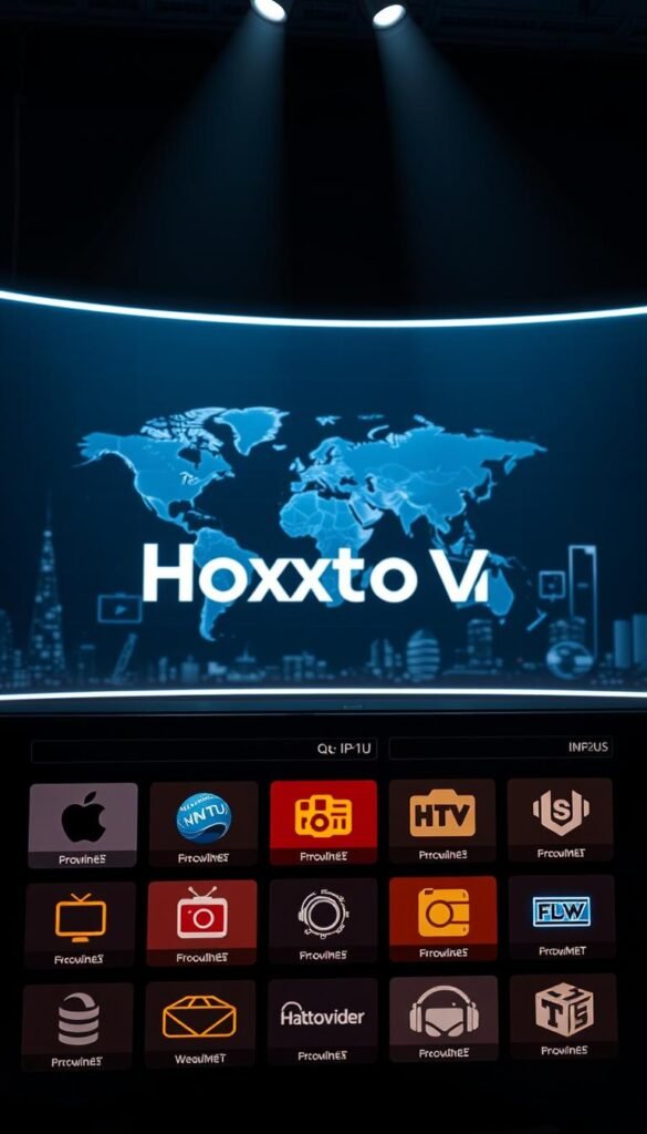 A sleek, futuristic interface showcasing a variety of IPTV m3u sources, with the Hoxtoon Provider brand prominently displayed. The scene features a minimalist, high-tech design with glowing UI elements, clean lines, and a dark, moody color palette. In the foreground, a selection of IPTV m3u links are presented in a grid layout, each with its own distinct icon and label. The middle ground showcases a dynamic visualization, perhaps a pulsing world map or a data visualization, representing the global reach and connectivity of these IPTV sources. In the background, a subtle, abstract pattern or cityscape creates a sense of depth and technological sophistication. Dramatic lighting, such as backlighting or directional spotlights, enhances the overall sleek and futuristic aesthetic.