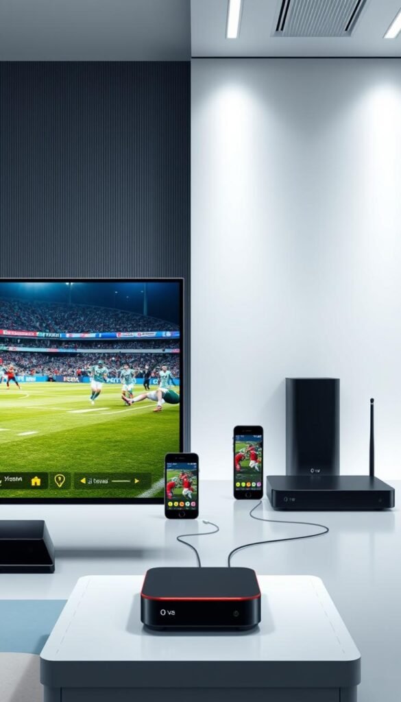 A sleek, futuristic interface showcasing the Hoxtoon Provider IPTV technology. In the foreground, a modern TV screen displays a live sports event, crisp and vibrant. The middle ground features various devices - a smartphone, tablet, and set-top box - seamlessly connected, highlighting the cross-platform capabilities. In the background, a minimalist, high-tech environment with clean lines and subtle lighting creates an atmosphere of advanced digital infrastructure. The overall scene conveys the power, versatility, and user-friendly nature of the Hoxtoon Provider IPTV system.