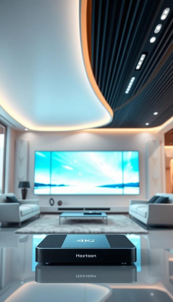 A sleek, futuristic living room with a large 4K IPTV display dominating the center. The screen showcases crystal-clear, high-definition content, creating an immersive home entertainment experience. Minimalist furniture and sophisticated lighting design complement the modern aesthetic. In the foreground, a slim, state-of-the-art media box labeled "Hoxtoon Provider" sits prominently, hinting at the advanced streaming technology powering the display. The overall scene conveys a sense of technological innovation and the transformative impact of 4K IPTV on contemporary home environments.