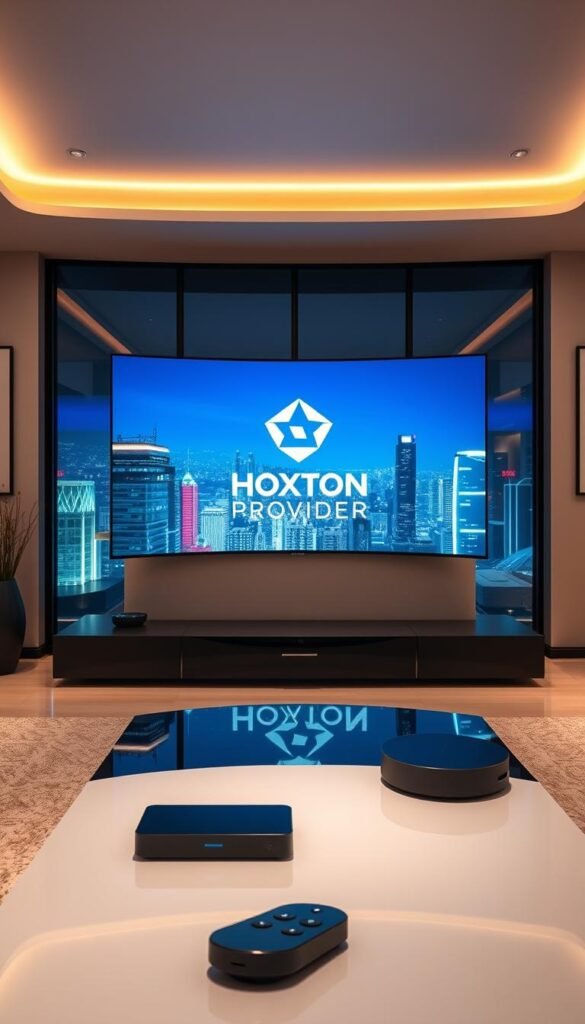 A sleek, futuristic living room with a large, curved OLED TV mounted on the wall. The TV displays the Hoxtoon Provider logo, showcasing their cutting-edge IPTV streaming services. In the foreground, a modern coffee table with a remote control and a streaming device, hinting at the seamless integration of IPTV into the home entertainment setup. The room is bathed in a warm, ambient lighting, creating a cozy and inviting atmosphere. The walls are adorned with minimalist artwork, and large windows offer a glimpse of a vibrant, futuristic cityscape in the background, symbolizing the global reach of IPTV technology.