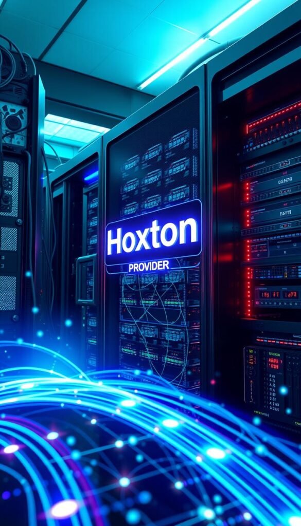 A sleek, futuristic server rack with the "Hoxtoon Provider" logo prominently displayed. The rack is surrounded by a complex array of blinking LED lights, data cables, and cooling systems. In the foreground, a holographic display projects a real-time visualization of network traffic, with data streams flowing seamlessly without any buffering or interruptions. The lighting is a cool, teal-blue hue, creating a sense of technological sophistication. The overall scene conveys the power and efficiency of Hoxtoon's advanced anti-buffering technology, designed to provide a flawless IPTV streaming experience.