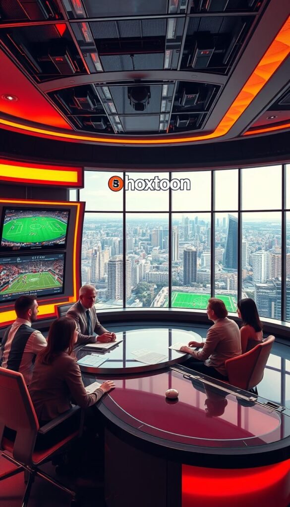 A sleek, futuristic sports broadcasting studio with the Hoxtoon Provider logo prominently displayed. The scene is bathed in a warm, energetic lighting, creating a dynamic and engaging atmosphere. In the foreground, a team of anchors and analysts are engaged in a lively discussion, their expressions animated as they analyze the latest sports highlights. The middle ground features state-of-the-art video walls and holographic displays, showcasing real-time game data and statistics. In the background, a panoramic view of a bustling city skyline can be seen through large windows, adding a sense of scale and immersion. The overall impression is one of cutting-edge technology, professional expertise, and the thrill of live sports coverage.