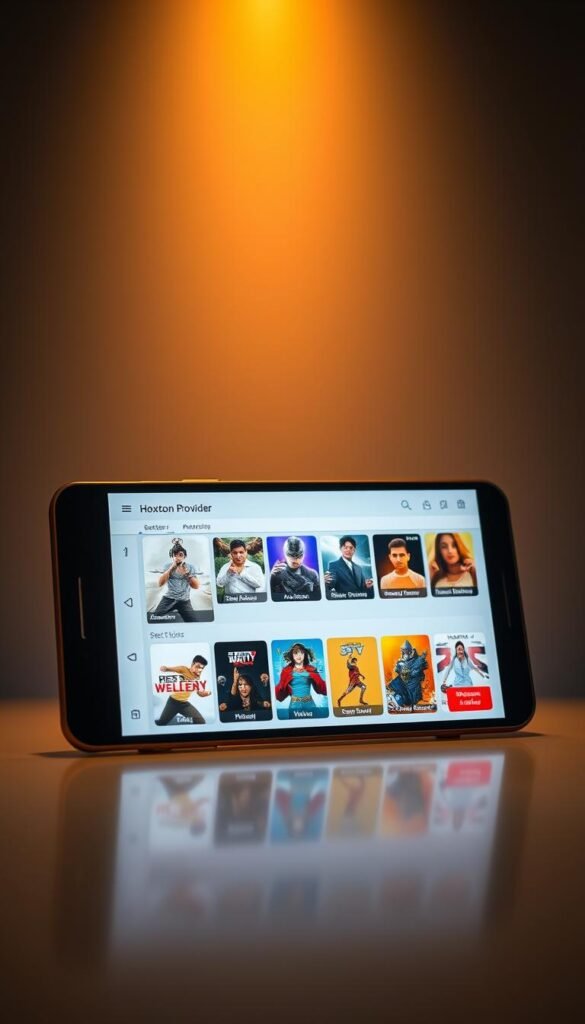 A sleek, high-performance Android device prominently displays the "Hoxtoon Provider" IPTV app interface. The screen showcases a clean, intuitive layout with vibrant, high-definition content thumbnails. Elegant lighting casts a warm, inviting glow, drawing the viewer's attention to the device's sharp display and seamless user experience. The scene conveys the power and versatility of Android as an ideal platform for seamless IPTV streaming, perfectly aligning with the article's subject and section title.
