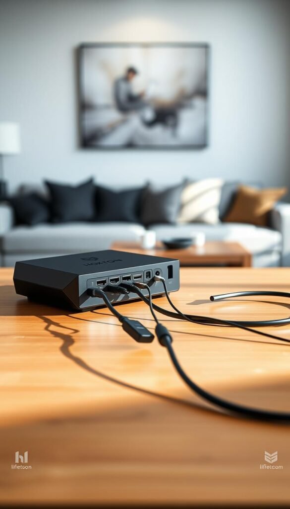 A sleek, high-quality Hoxtoon Provider IPTV box sits prominently on a modern, minimalist wooden table. The device's matte black exterior and clean lines convey a sense of premium craftsmanship. Soft, directional lighting from the side casts subtle shadows, highlighting the box's sharp edges and creating a sense of depth. In the middle ground, various HDMI, Ethernet, and power cables neatly emerge from the rear, conveying the box's connectivity and functionality. The background is a blurred, elegant living room setting, suggesting the box's seamless integration into a sophisticated home entertainment setup. The overall scene exudes a mood of high-tech refinement and lifetime access to a world of international IPTV content.