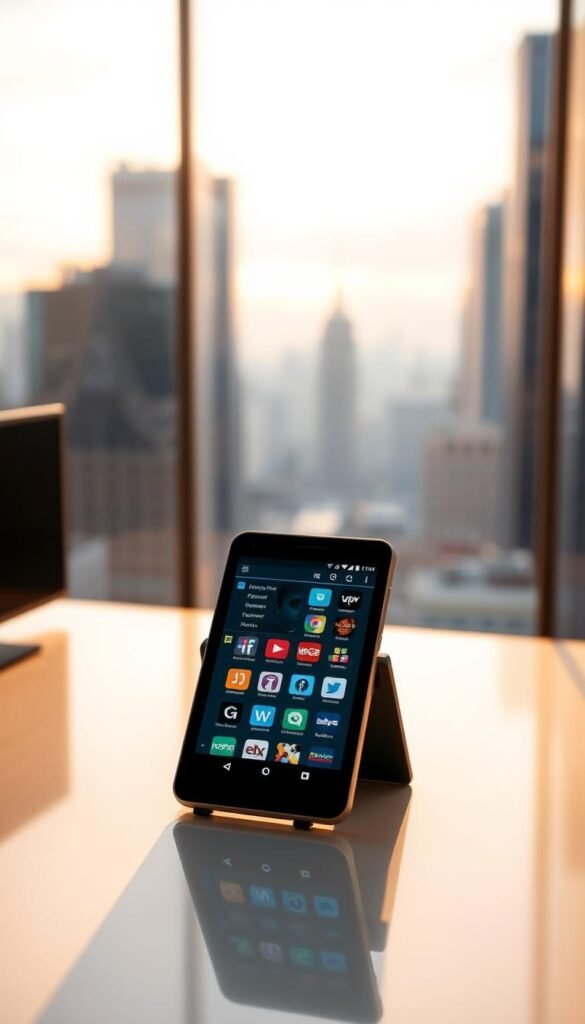 A sleek, high-tech Android device displaying the Hoxtoon Provider app interface, showcasing its intuitive user experience and comprehensive IPTV streaming capabilities. The device is situated on a modern, minimalist desk, bathed in warm, directional lighting that accentuates the crisp display and premium design. In the background, a blurred cityscape evokes a sense of connectivity and the convenience of accessing a vast library of live TV channels and on-demand content from the comfort of one's own space.