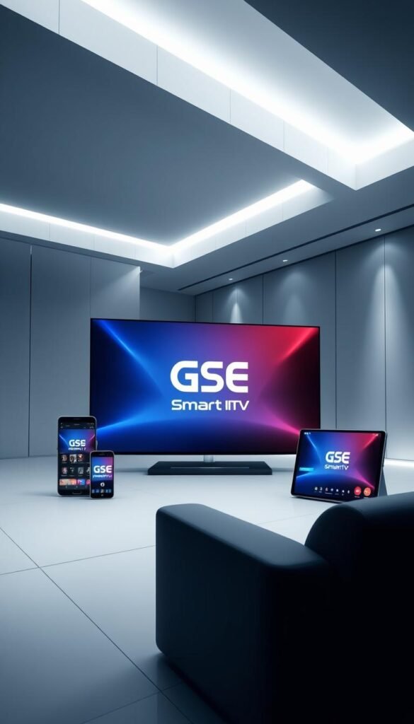 A sleek, high-tech interface showcasing the versatility of GSE Smart IPTV, with a Hoxtoon Provider logo prominently displayed. The scene features a large, ultra-sharp display in the foreground, showcasing the app's cross-platform compatibility across various devices, including a smartphone, tablet, and smart TV. The background is a minimalist, monochromatic space with clean lines and subtle lighting, creating a sense of sophistication and modernity. The overall impression is one of a powerful, user-friendly IPTV solution that seamlessly integrates with multiple platforms, making it the ultimate choice for the modern, tech-savvy viewer.