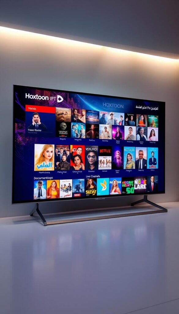 A sleek, high-tech smart TV screen displays the vibrant, diverse library of the Hoxtoon Provider's IPTV service. The interface showcases a vast collection of Arabic content, from blockbuster movies to the latest TV shows, documentaries, and live channels. The screen's crisp, detailed display and intuitive layout create an immersive viewing experience, inviting the user to explore Hoxtoon's expansive VOD selection. Elegant lighting accentuates the TV's modern, minimalist design, reflecting the sophistication of the Hoxtoon platform. The scene conveys a sense of quality, accessibility, and the future of Arabic entertainment on smart devices.