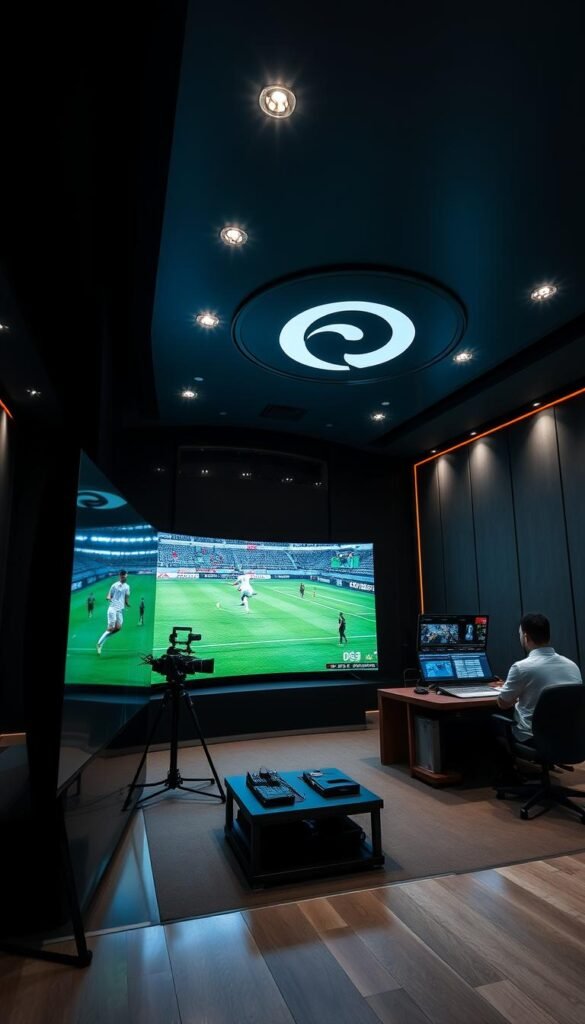 A sleek, high-tech sports streaming studio with a Hoxtoon Provider logo prominently displayed. The foreground features a large, curved LED display showcasing a live soccer match in stunning 4K resolution. Lighting is crisp and evenly distributed, with a mix of directional spotlights and soft ambient illumination that creates depth and drama. The middle ground has state-of-the-art streaming equipment, including cameras, microphones, and a control panel operated by a team of focused technicians. The background reveals a sophisticated, minimalist interior design with clean lines, muted colors, and subtle technological accents that exude a sense of professionalism and innovation. The overall atmosphere conveys a premium, immersive sports viewing experience enabled by the reliable and high-quality services of the Hoxtoon Provider.