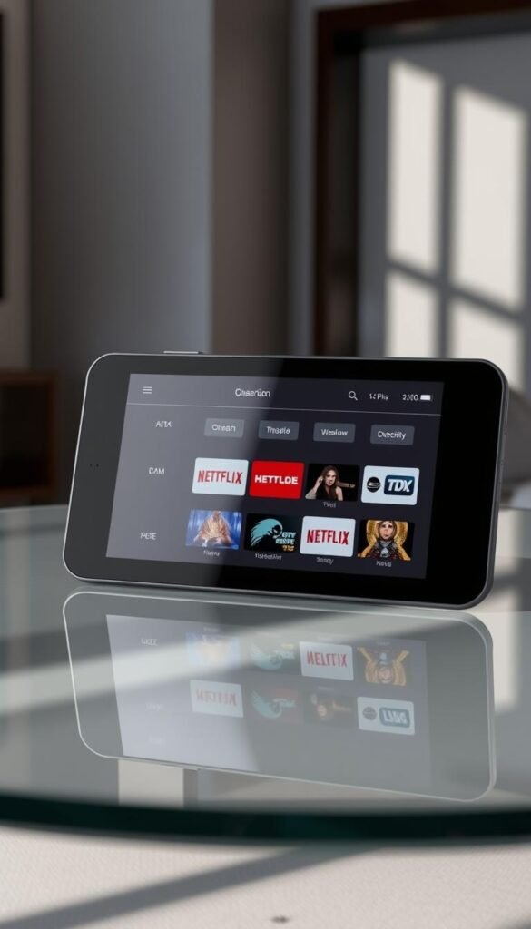 A sleek, minimalist Android device prominently displays the Hoxtoon Provider logo, its interface showcasing a curated selection of top-rated IPTV channels. The device rests on a modern, glass-topped table, surrounded by a clean, well-lit environment. Subtle shadows and highlights create depth and a sense of three-dimensionality. The overall tone is professional, elegant, and inviting, reflecting the high-quality IPTV service that Hoxtoon Provider offers for Android users.