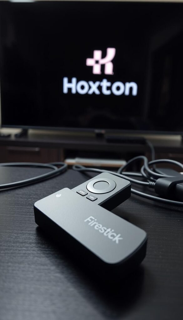 A sleek, minimalist Firestick device sits prominently on a dark wooden surface, surrounded by a tidy arrangement of cables and peripherals. The device's matte black finish and clean lines convey a sense of sophistication. In the background, a large flat-screen TV displays the Hoxtoon Provider logo, hinting at the IPTV service's integration. Soft, directional lighting casts subtle shadows, creating depth and emphasizing the Firestick's elegant form. The overall scene suggests a carefully curated, technology-driven living space optimized for the ultimate IPTV viewing experience.