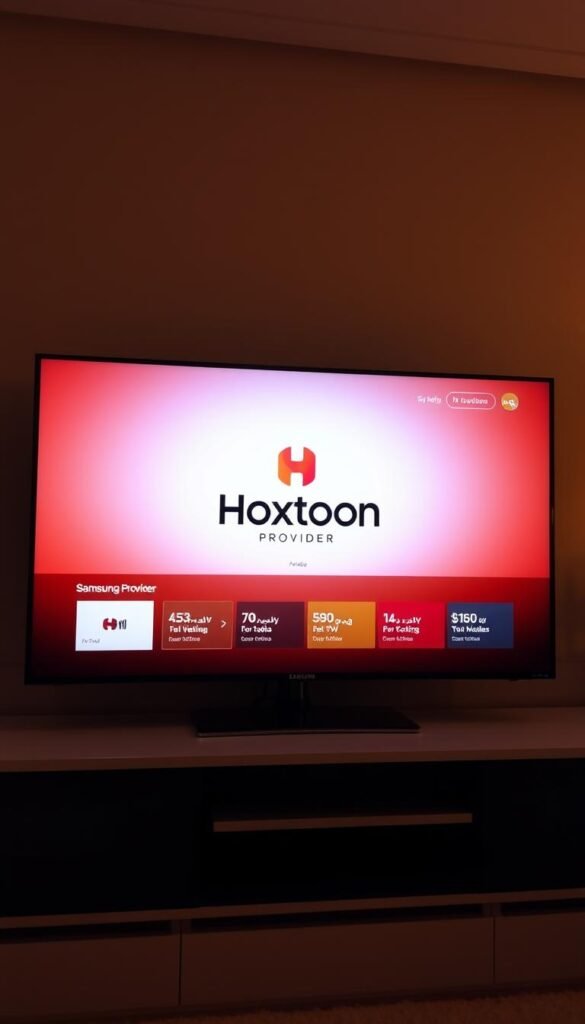 A sleek, minimalist IPTV app interface displayed on a modern Samsung smart TV screen. The Hoxtoon Provider logo prominently featured in the center, surrounded by various subscription options and pricing tiers. The scene is bathed in warm, soft lighting, creating a visually appealing and inviting atmosphere. The TV's reflective screen adds depth and dimension to the composition. The overall layout is clean, well-organized, and easy to navigate, showcasing the app's user-friendly design.