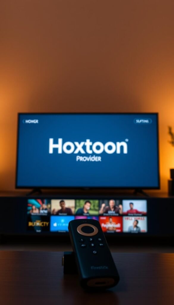 A sleek, minimalist IPTV app interface for a Firestick device, prominently displaying the "Hoxtoon Provider" logo. The app's home screen showcases a clean grid layout with crisp, high-definition channel thumbnails. The background features a subtle gradient, creating a sense of depth and sophistication. Soft, warm lighting illuminates the scene, giving it a cozy, inviting atmosphere. The camera angle is slightly elevated, providing a clear, unobstructed view of the app's features. The overall composition conveys the ease and convenience of accessing a wide range of IPTV content directly on a Firestick.