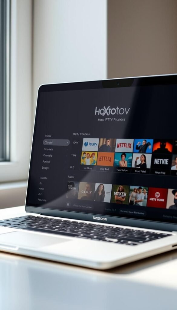 A sleek, minimalist IPTV app interface for macOS, prominently featuring the Hoxtoon Provider logo. The app's clean design is displayed on a MacBook, bathed in soft, natural lighting from a nearby window. The menu showcases a curated selection of live TV channels and on-demand content, with intuitive navigation controls. The overall mood is one of modern elegance and seamless functionality, capturing the essence of an enhanced IPTV experience on the Mac platform.