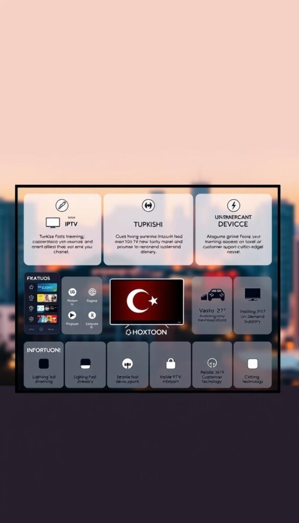 A sleek, minimalist IPTV dashboard showcasing the advanced features of Hoxtoon Provider's Turkish service. In the foreground, a stylized TV icon represents the diverse Turkish channel offerings, surrounded by bold icons denoting lightning-fast streaming, seamless multi-device support, and a vast on-demand library. The middle ground features elegant infographic panels detailing Hoxtoon's user-friendly interface, reliable 24/7 customer support, and cutting-edge technology. The background is a softly blurred cityscape, hinting at the global reach and connectivity of this premium Turkish IPTV solution. Warm, vibrant lighting and a sophisticated color palette convey a sense of professionalism and innovation.