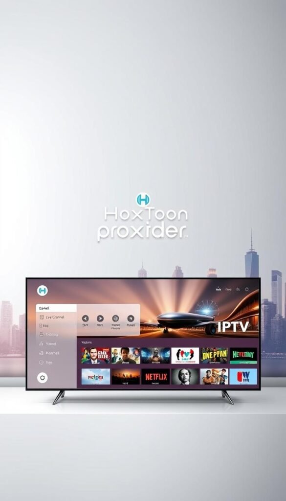 A sleek, minimalist IPTV dashboard with the Hoxtoon Provider logo prominently displayed. In the foreground, an intuitive user interface showcases a range of advanced features - DVR, parental controls, multi-screen viewing, and seamless integration with smart home devices. The middle ground features a grid of live channel thumbnails, with a striking visual representation of the extensive content library. The background depicts a stylized city skyline, bathed in a warm, futuristic lighting, conveying a sense of technological sophistication. The overall composition communicates the power and versatility of the Hoxtoon Provider IPTV service, ready to elevate the viewer's entertainment experience.