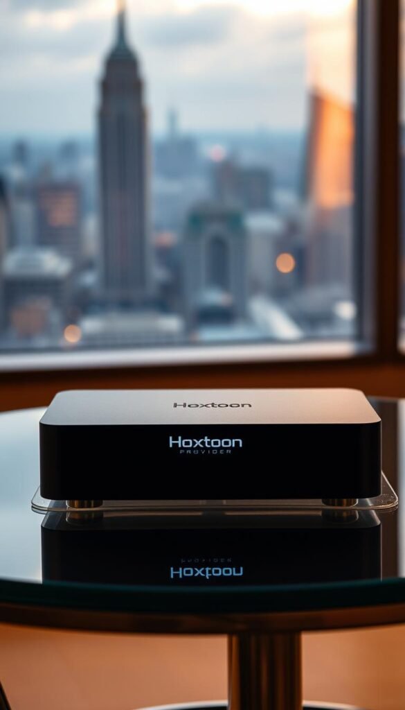 A sleek, minimalist IPTV device resting on a modern glass-and-steel table, bathed in warm, soft lighting. In the foreground, a clean, uncluttered interface showcases the Hoxtoon Provider brand, hinting at the simplicity and convenience of its lifetime IPTV service, free from monthly charges. The background is a tasteful, blurred cityscape, suggesting the global reach and accessibility of this cutting-edge technology. The overall impression is one of sophistication, reliability, and the liberation from traditional cable or satellite TV constraints.